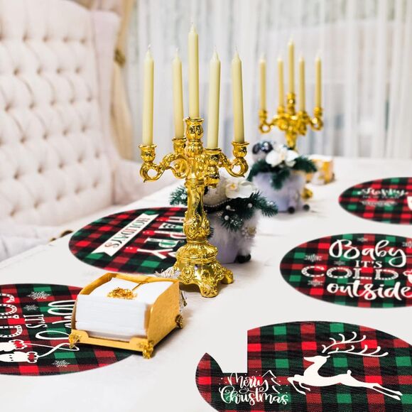 6 Pcs Round Christmas Placemats Winter Snowflake Deer Buffalo Plaid Table - Picture 6 of 6
